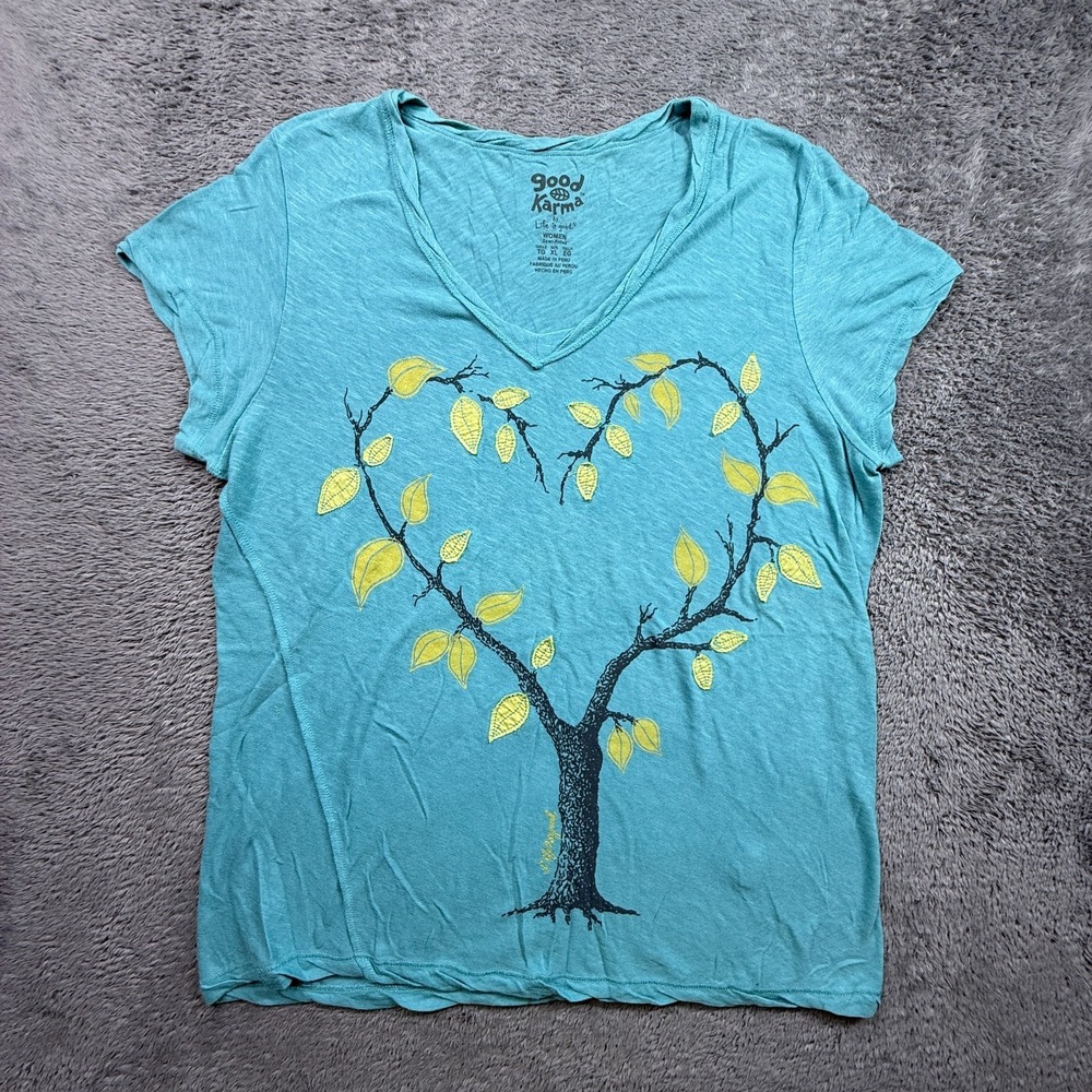 Life is Good Karma Owl Embroidered Tee Shirt XL Heart Shaped Tree Organic Cotton